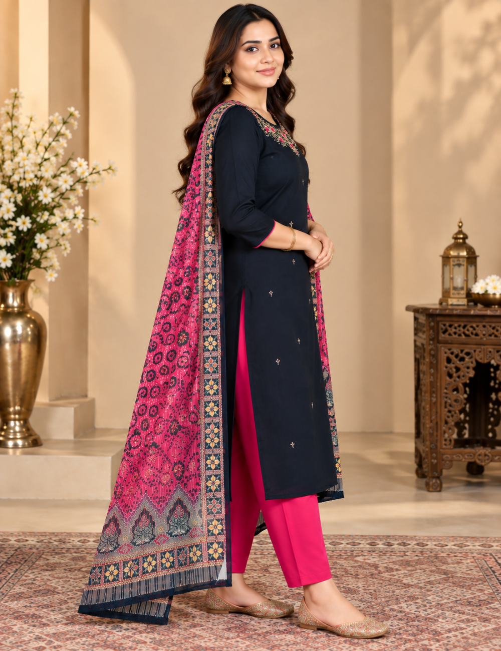 Classic Black and Pink Embroidered Vatican Silk 3-Piece Ethnic Suit Set with Printed Dupatta HC3P22
