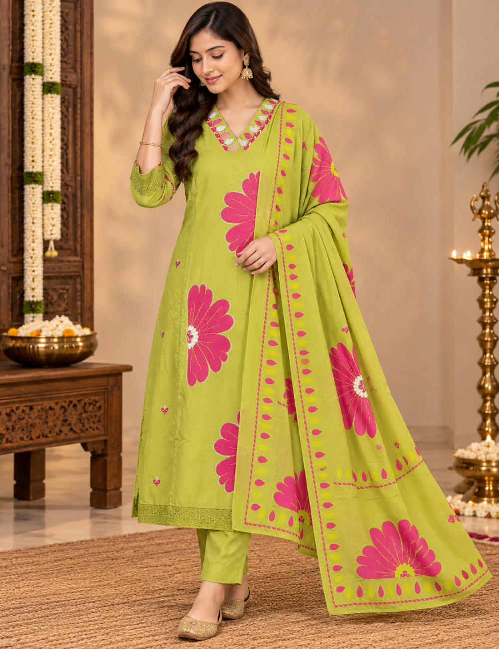 Lime Green & Pink Floral Printed Cotton 3-Piece Suit Set with Matching Dupatta HC3P29