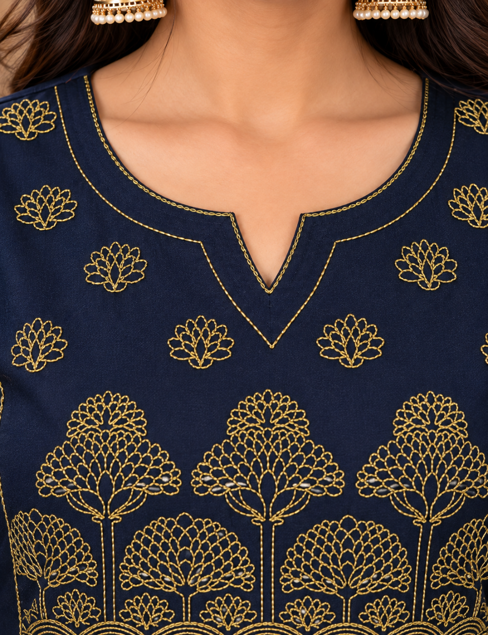 Navy Blue Dabbu Cotton 3/4-Sleeve Ethnic Kurti Set with Golden Tree Embroidery, Notched Neckline, and Matching Trousers HC2P12
