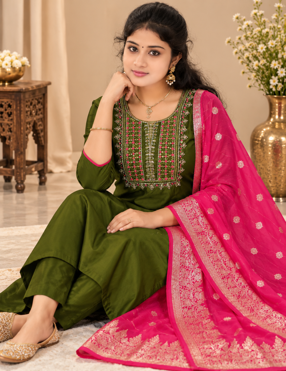 Mehandi Green and Magenta Embroidered Roman Silk 3-Piece Ethnic Suit Set with Woven Dupatta HC3P21