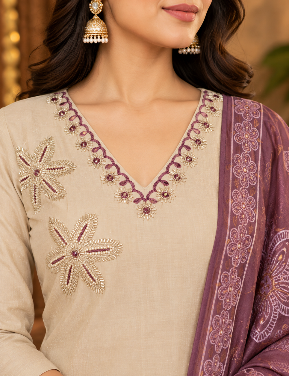 Beige & Plum Roman Silk 3-Piece Kurti Set: V-Neckline, Floral Appliqué Handwork & Printed Zari Dupatta HC3P14
