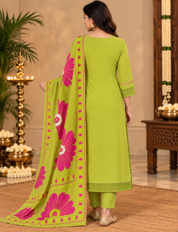 Lime Green & Pink Floral Printed Cotton 3-Piece Suit Set with Matching Dupatta HC3P29