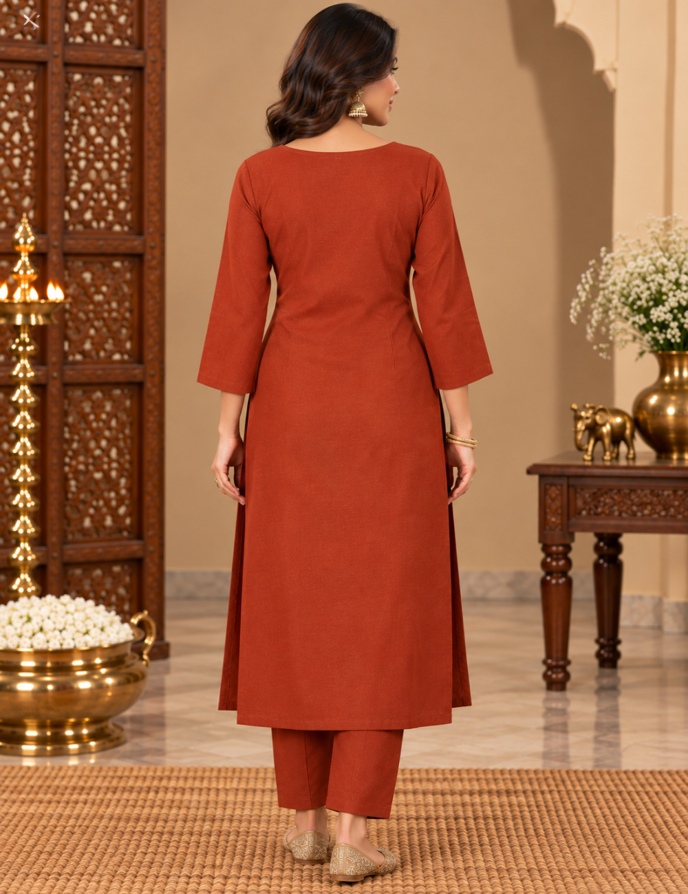 Rust Orange Dabbu Cotton Ethnic Kurti Set with V-Neckline, Half-Moon Mandala Side Appliques, and Matching Trousers HC2P11