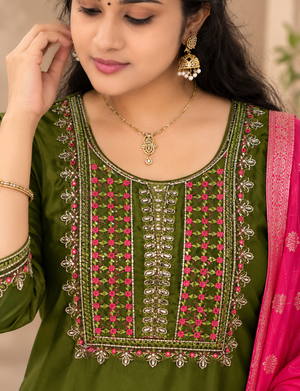 Mehandi Green and Magenta Embroidered Roman Silk 3-Piece Ethnic Suit Set with Woven Dupatta HC3P21