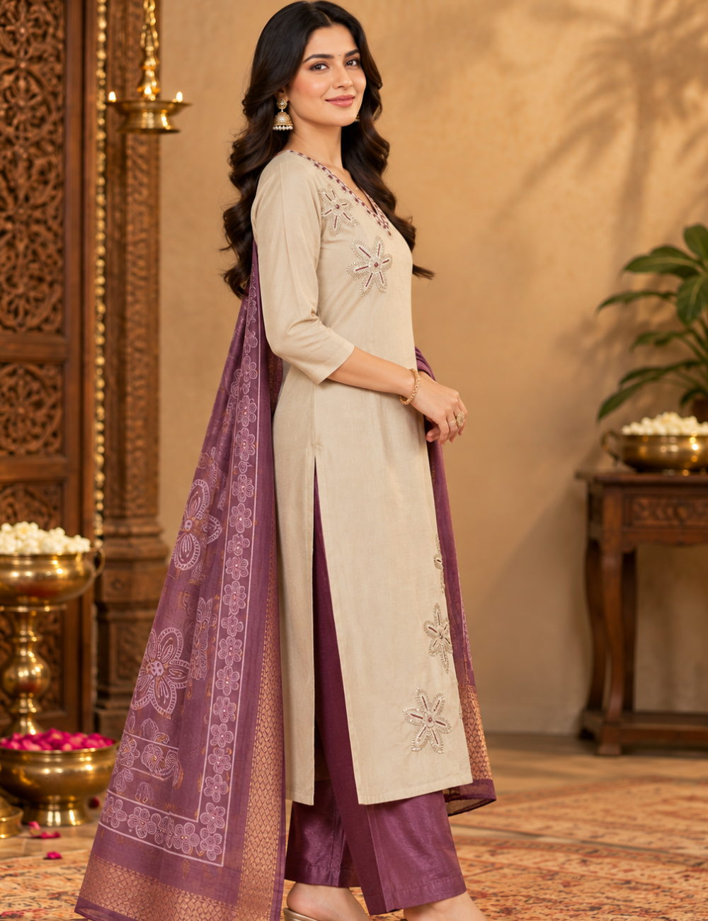 Beige & Plum Roman Silk 3-Piece Kurti Set: V-Neckline, Floral Appliqué Handwork & Printed Zari Dupatta HC3P14