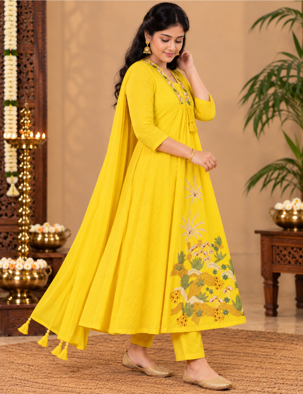 Vibrant Lemon Yellow Cotton Anarkali Kurti with Pants & Matching Dupatta HC3P28