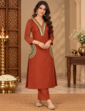 Rust Orange Dabbu Cotton Ethnic Kurti Set with V-Neckline, Half-Moon Mandala Side Appliques, and Matching Trousers HC2P11