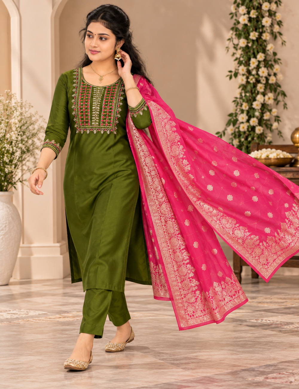 Mehandi Green and Magenta Embroidered Roman Silk 3-Piece Ethnic Suit Set with Woven Dupatta HC3P21