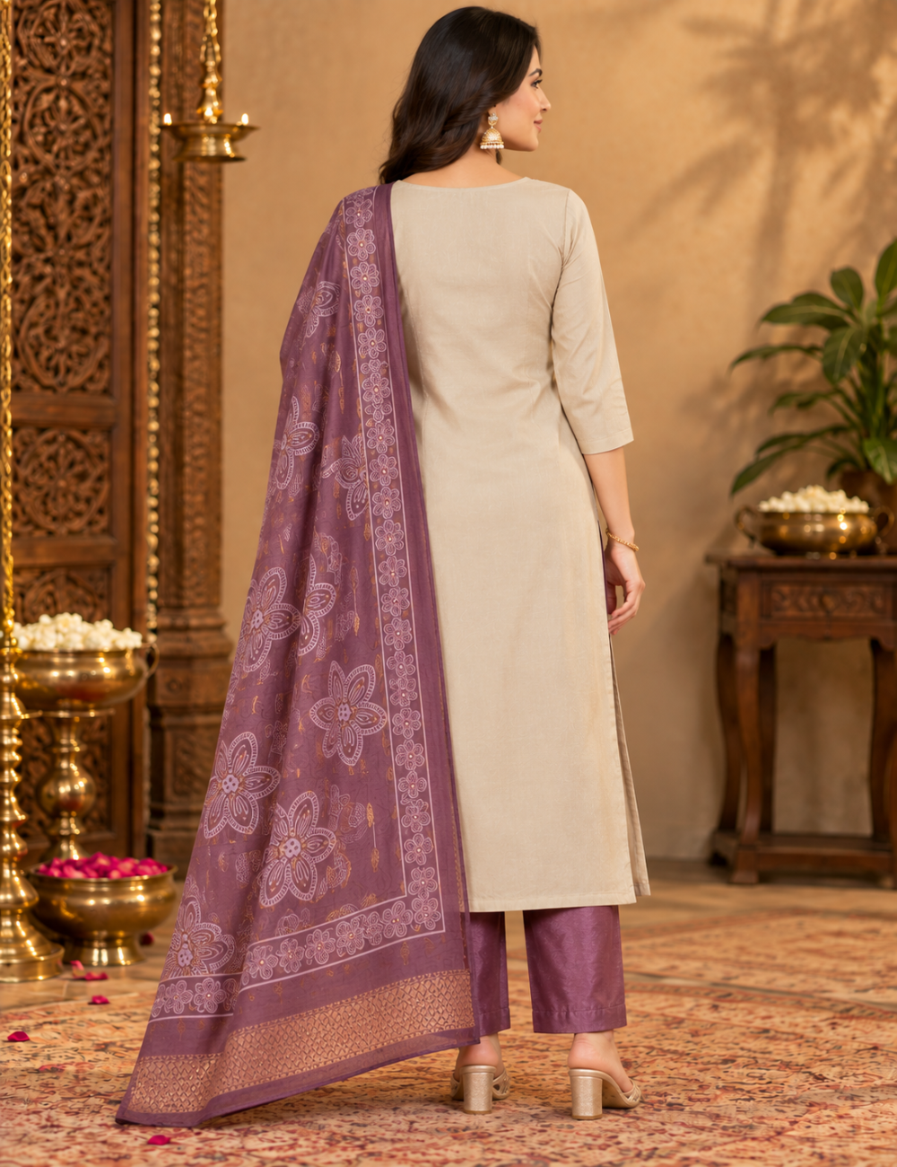 Beige & Plum Roman Silk 3-Piece Kurti Set: V-Neckline, Floral Appliqué Handwork & Printed Zari Dupatta HC3P14
