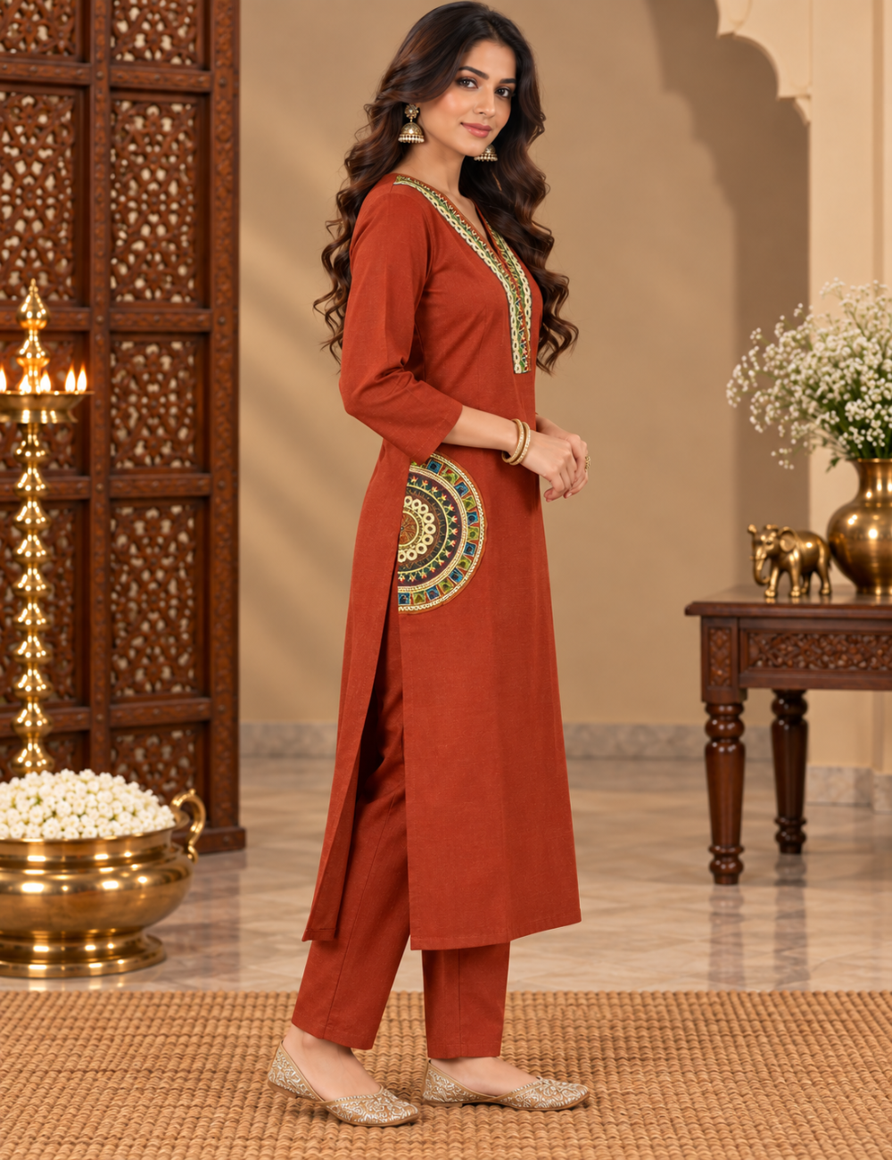 Rust Orange Dabbu Cotton Ethnic Kurti Set with V-Neckline, Half-Moon Mandala Side Appliques, and Matching Trousers HC2P11