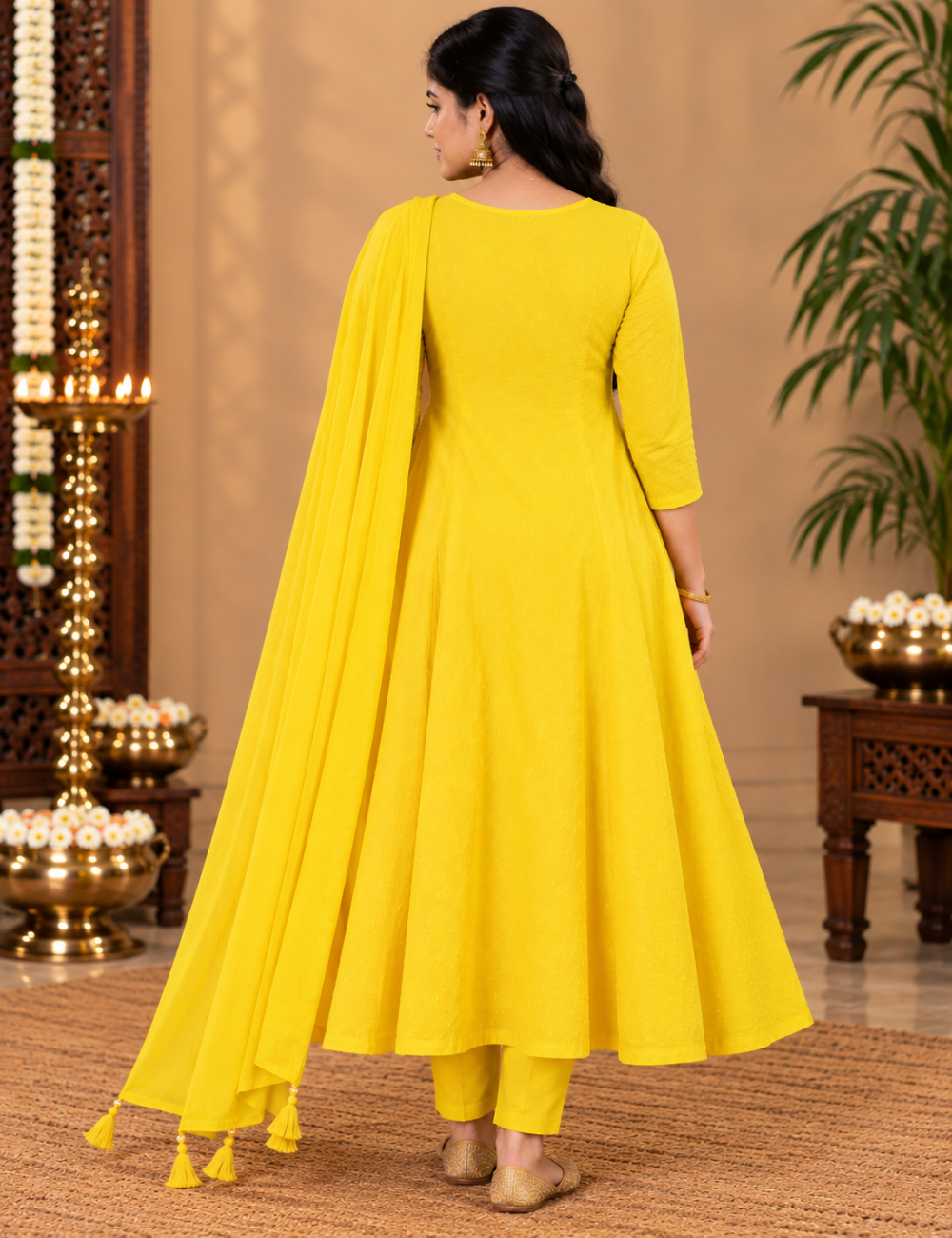 Vibrant Lemon Yellow Cotton Anarkali Kurti with Pants & Matching Dupatta HC3P28