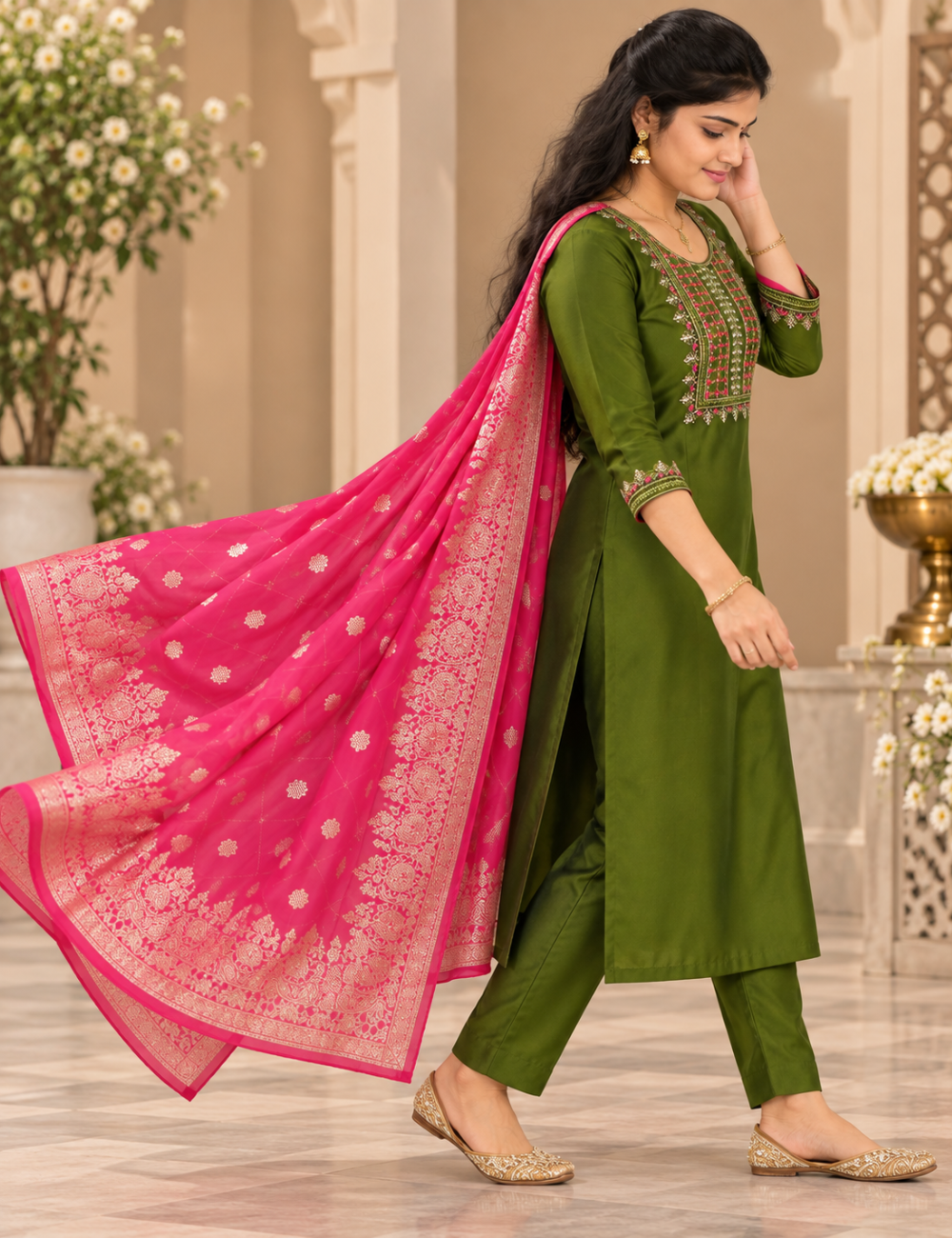 Mehandi Green and Magenta Embroidered Roman Silk 3-Piece Ethnic Suit Set with Woven Dupatta HC3P21