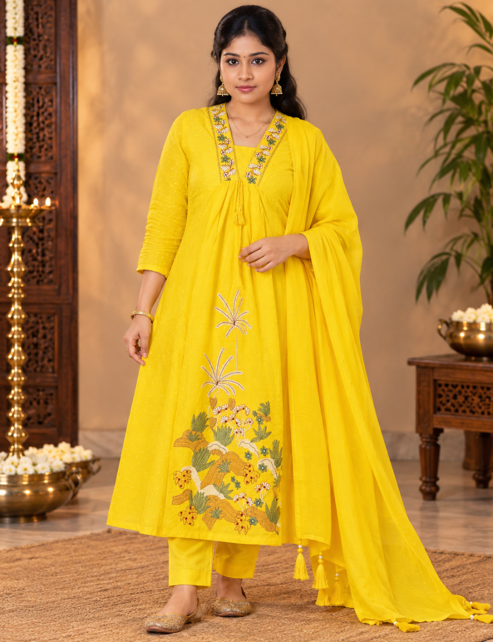 Vibrant Lemon Yellow Cotton Anarkali Kurti with Pants & Matching Dupatta HC3P28