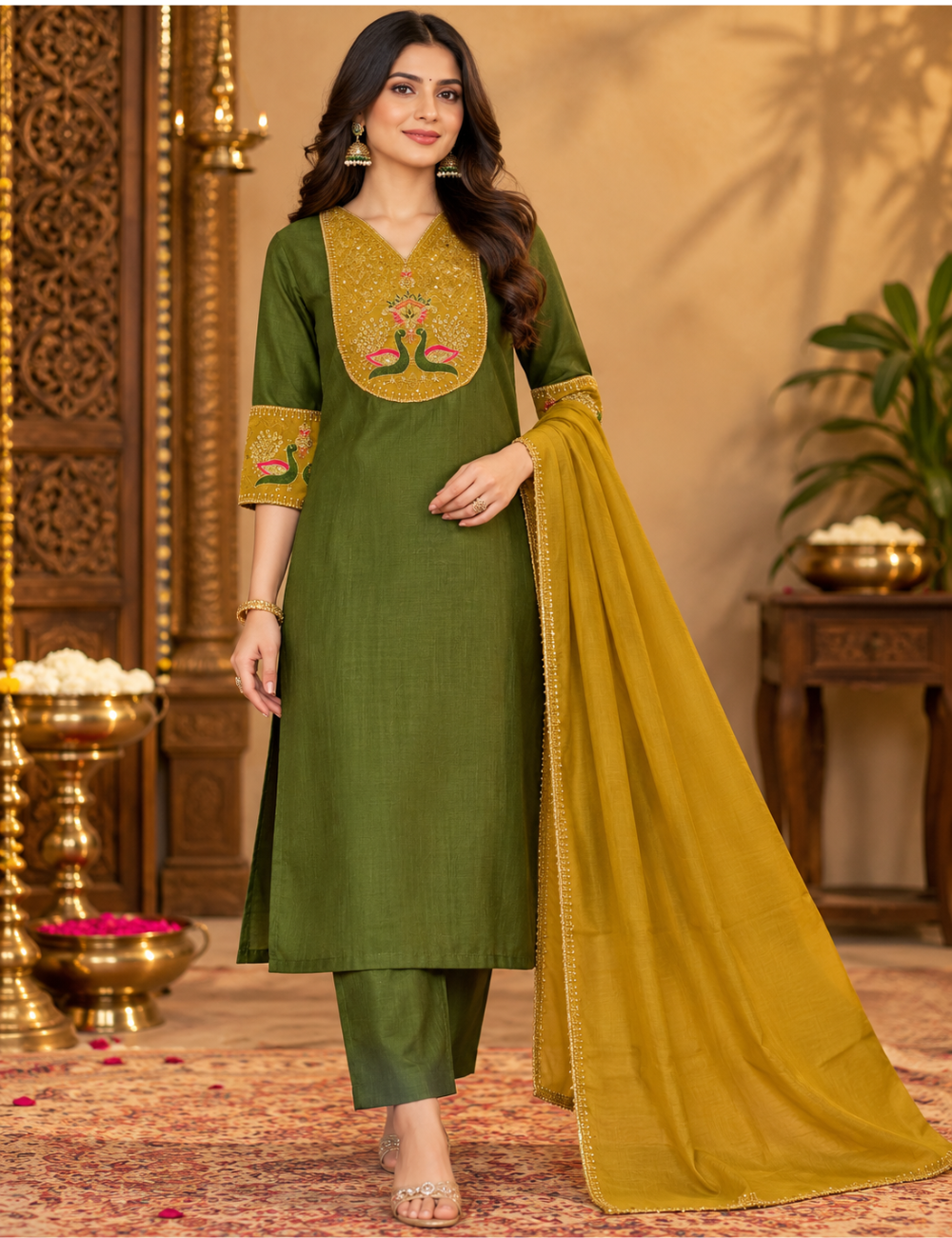 Olive Green & Mustard Vatican Silk 3-Piece Kurti Set: Peacock Motif Embroidery & Zari-Bordered Dupatta HC3P13