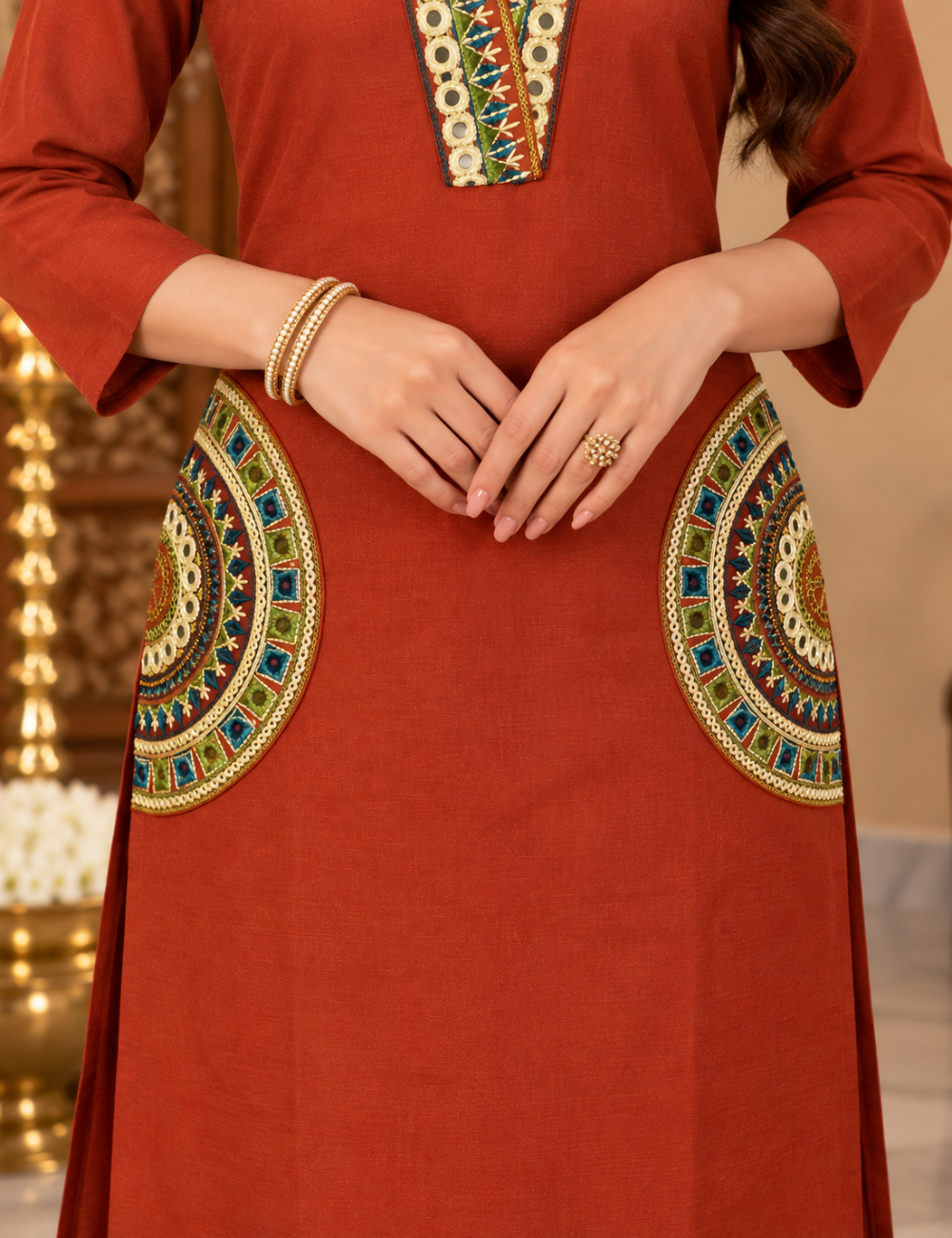 Rust Orange Dabbu Cotton Ethnic Kurti Set with V-Neckline, Half-Moon Mandala Side Appliques, and Matching Trousers HC2P11
