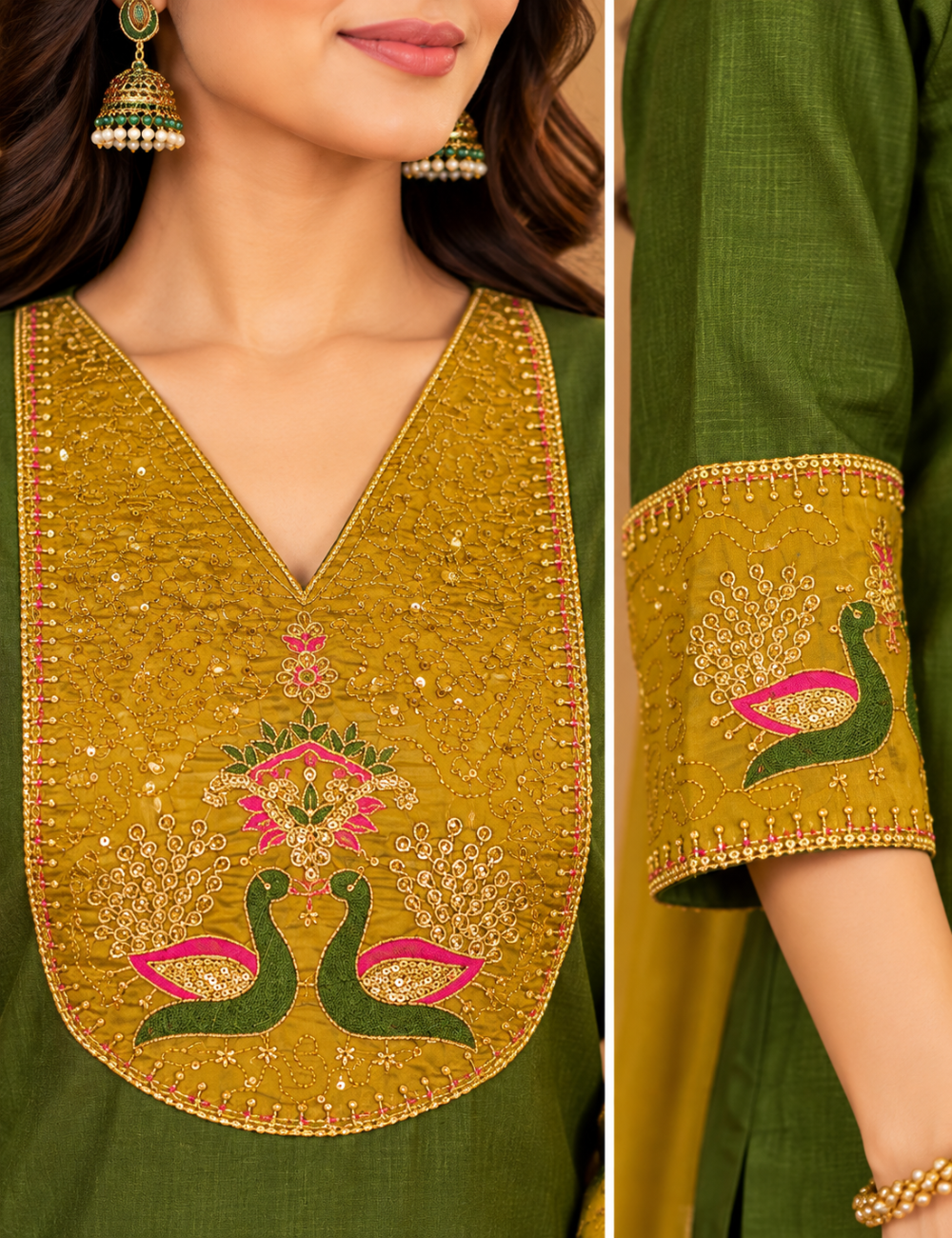 Olive Green & Mustard Vatican Silk 3-Piece Kurti Set: Peacock Motif Embroidery & Zari-Bordered Dupatta HC3P13