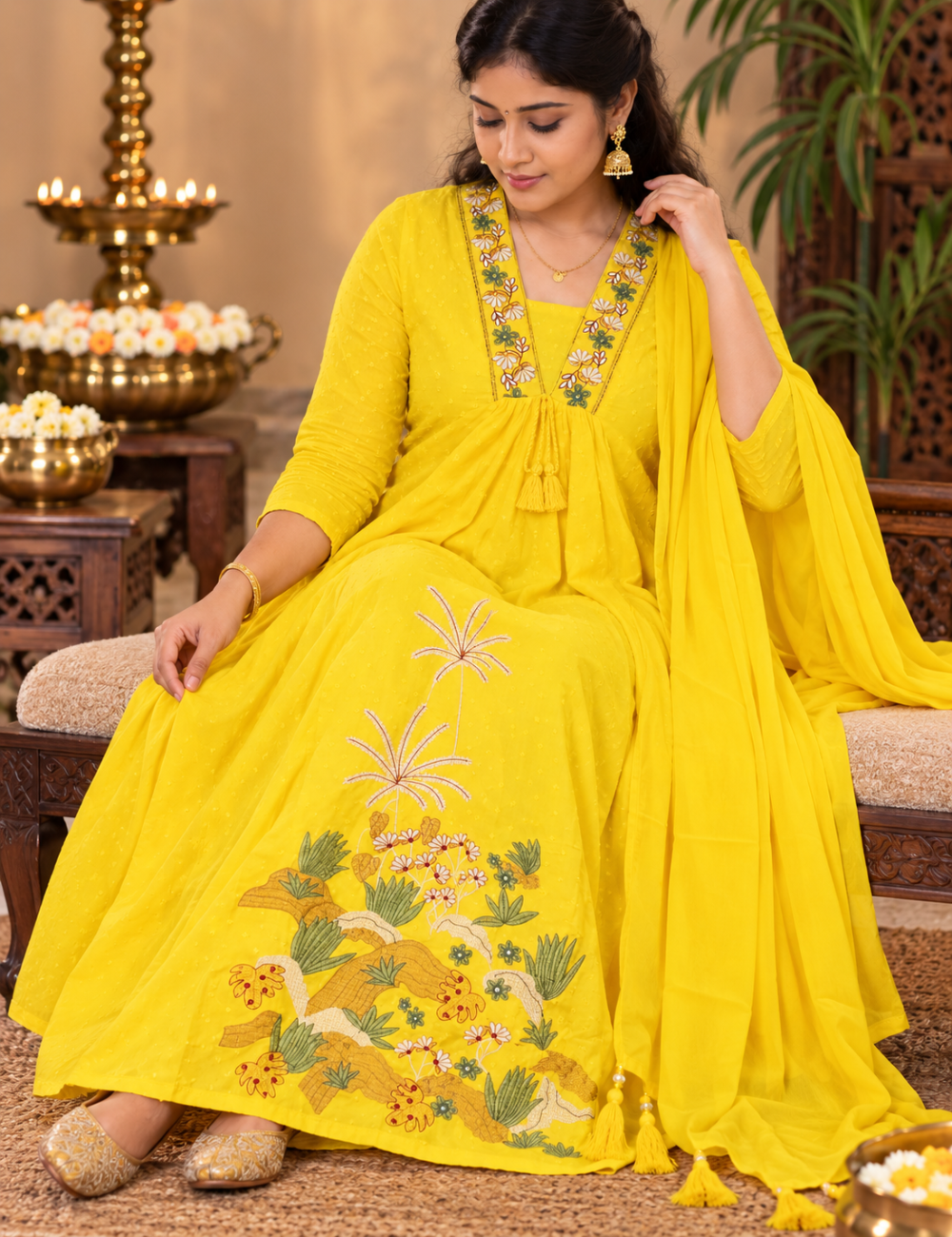 Vibrant Lemon Yellow Cotton Anarkali Kurti with Pants & Matching Dupatta HC3P28