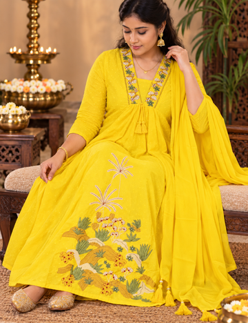Vibrant Lemon Yellow Cotton Anarkali Kurti with Pants & Matching Dupatta HC3P28
