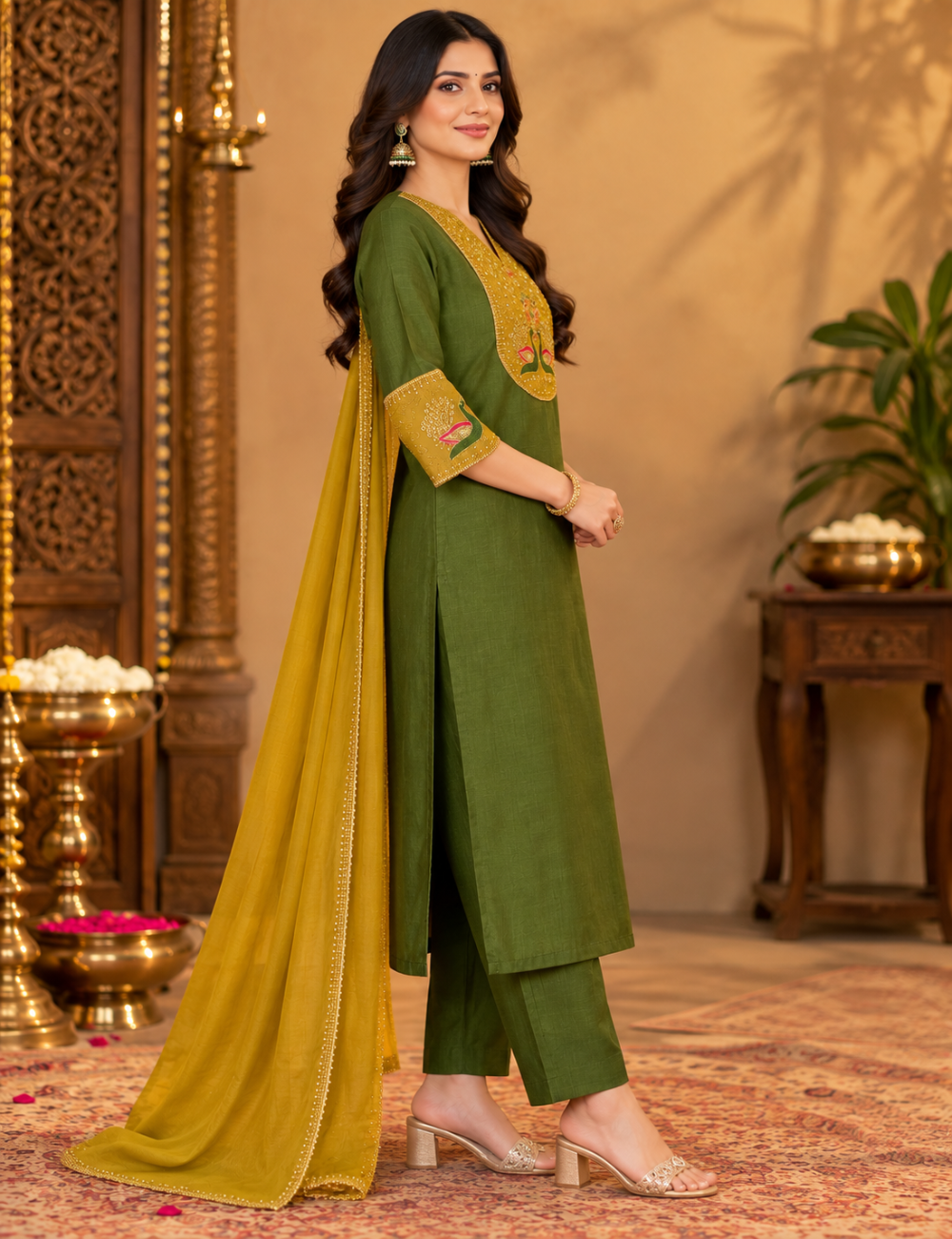 Olive Green & Mustard Vatican Silk 3-Piece Kurti Set: Peacock Motif Embroidery & Zari-Bordered Dupatta HC3P13