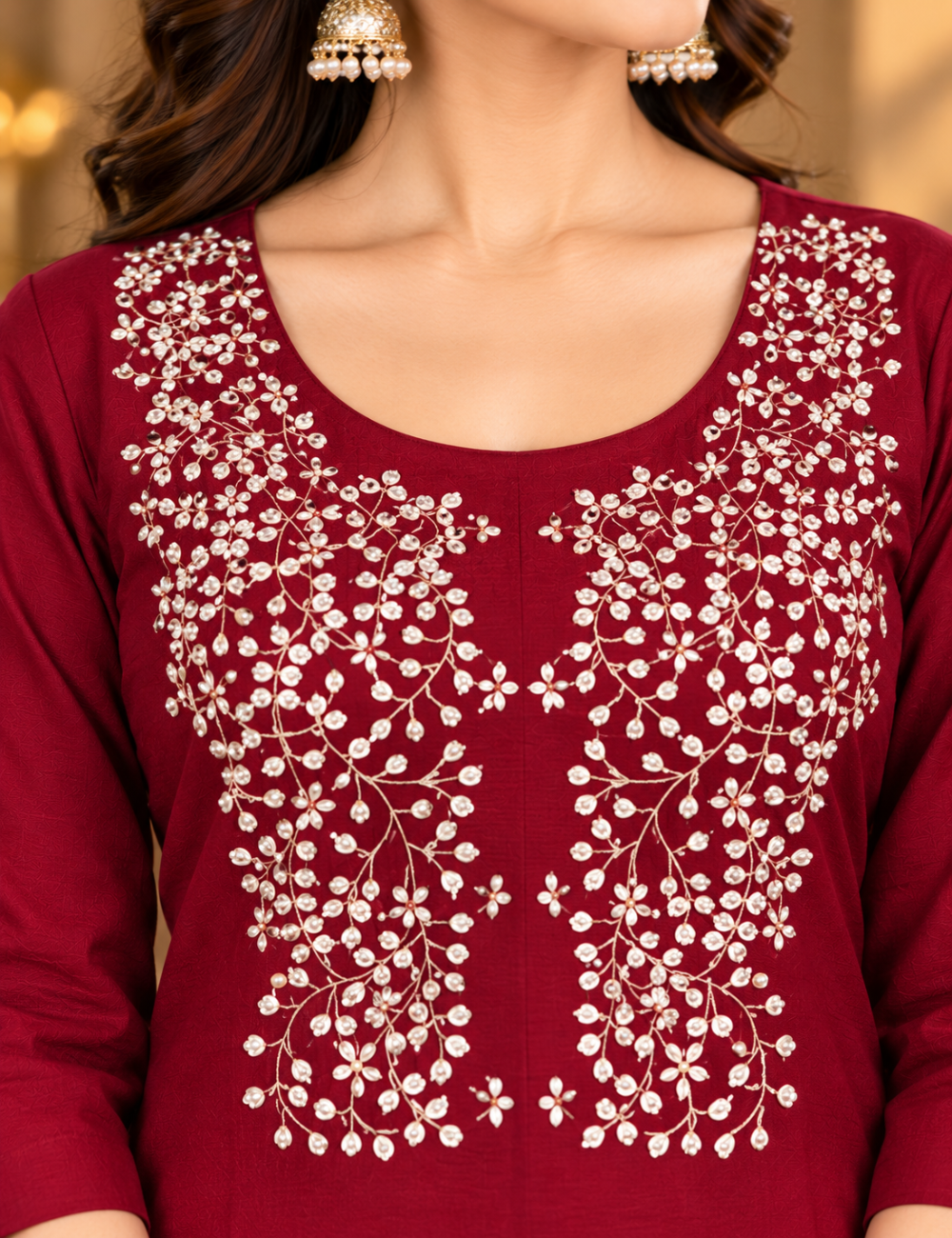 Maroon Red Vatican Side Cut Kurti with White Floral Yoke Embroidery HCK12