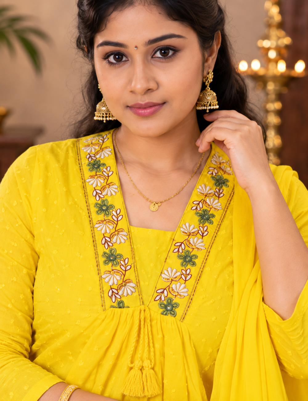 Vibrant Lemon Yellow Cotton Anarkali Kurti with Pants & Matching Dupatta HC3P28