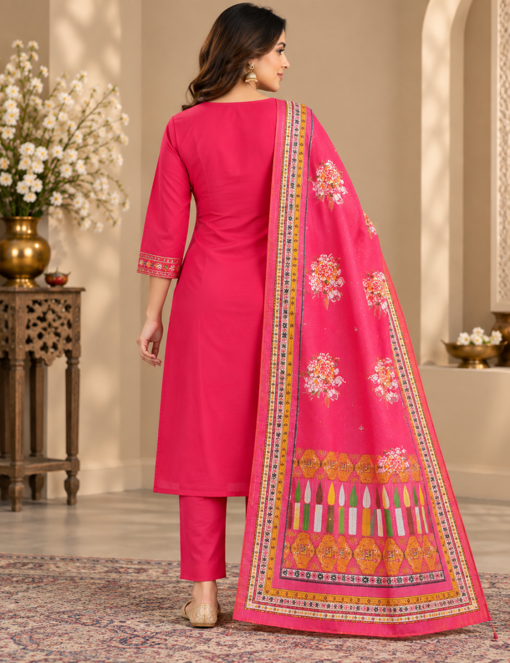 Vibrant Pink Embroidered Roman Silk 3-Piece Ethnic Suit Set with Floral Dupatta HC3P19