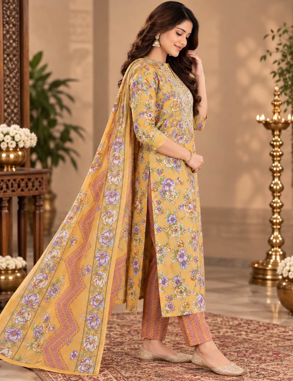 Orange Floral Printed Cotton 3-Piece Suit Set with Mirror-Work Yoke and Matching Dupatta HC3P33