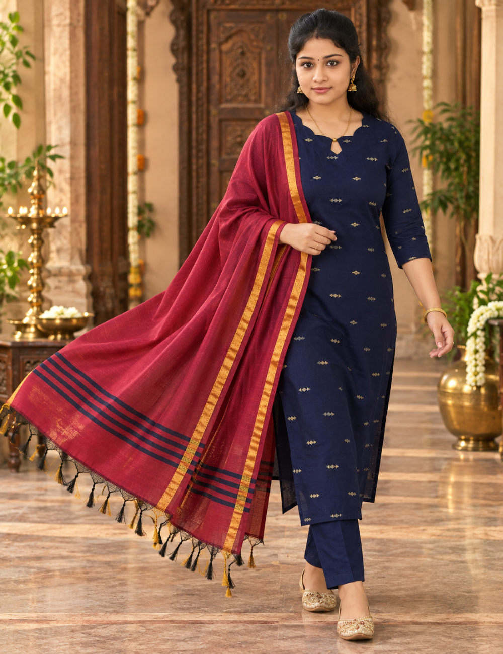 Navy Blue Raw Silk 3-Piece Set: Scalloped Neckline & Contrast Dupatta HC3P36
