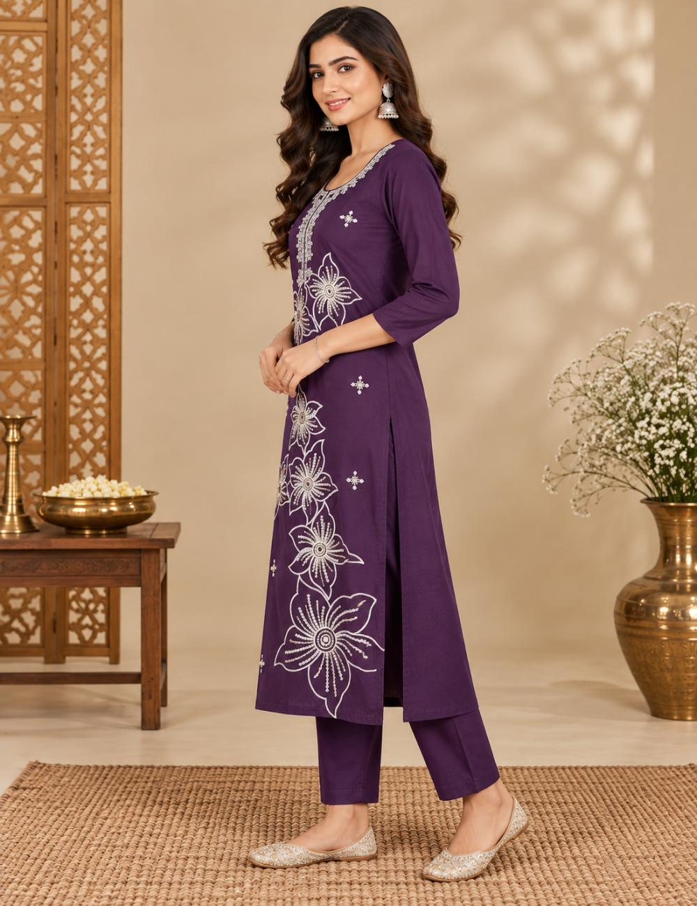 Deep Purple Roman Silk Floral Embroidered Kurti Set: Jacquard Digital Dupatta HC3P15