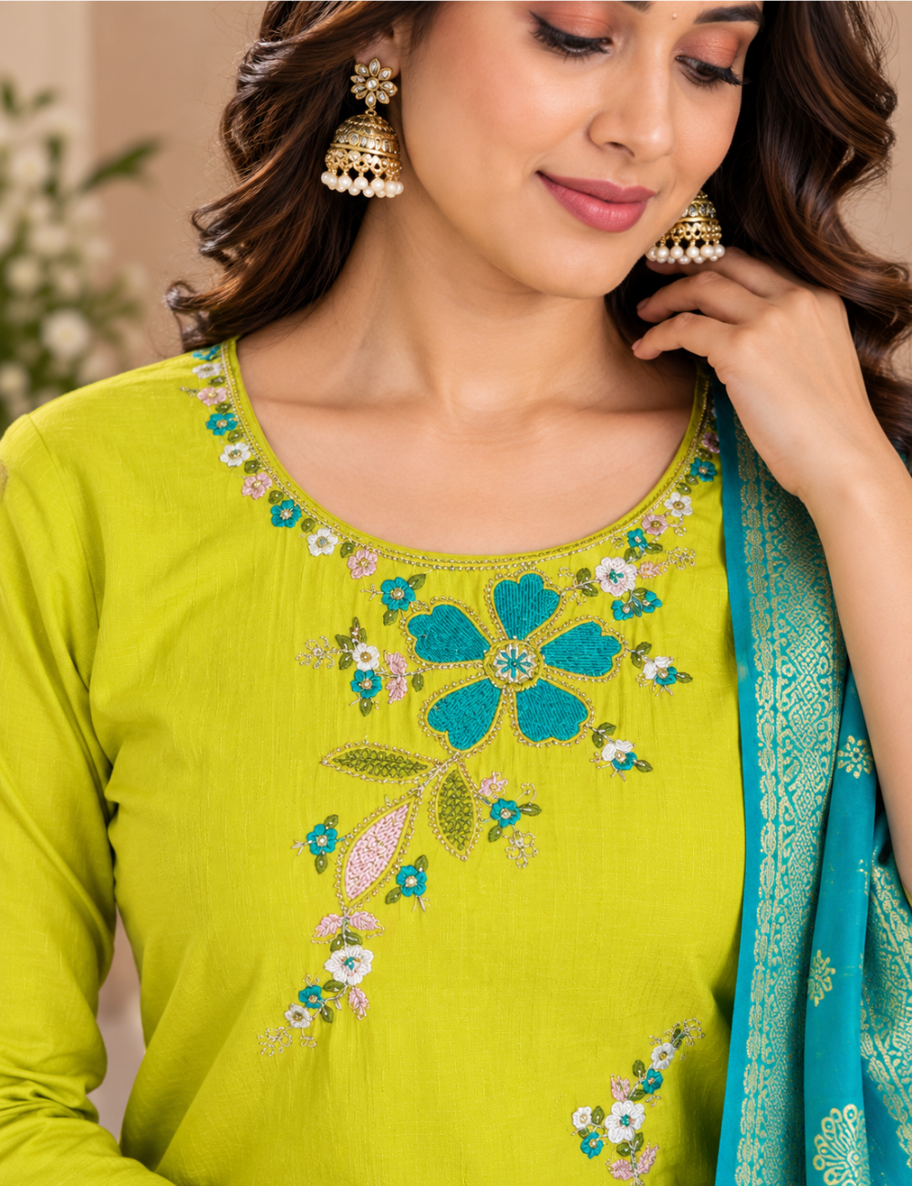Lime Green & Teal Vatican 3-Piece Suit Set with Hand-Embroidered Floral Yoke & Contrast Banarasi-Style Dupatta HC3P09