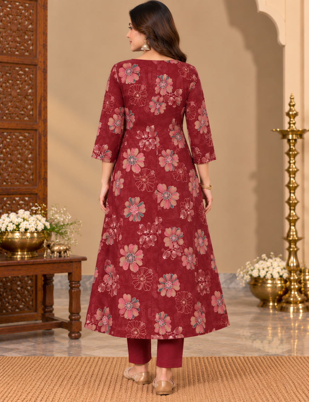 Vatican 2 Piece Floral Printed 3/4-Sleeve Kurti Set with Mandarin Collar, Button Placket, and Matching Trousers HC2P07