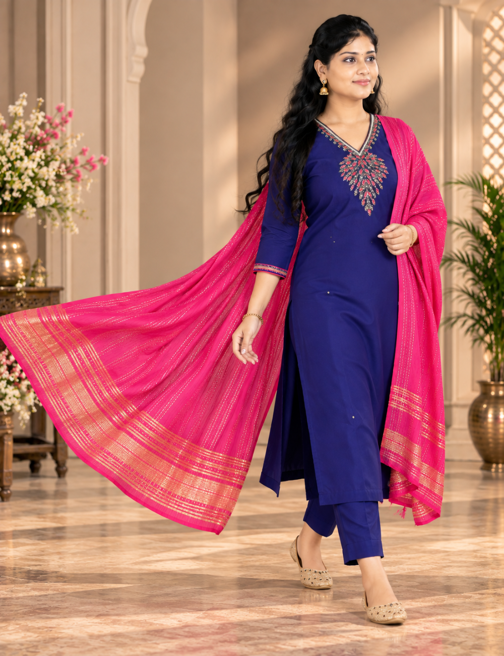 Voilet and Magenta Embroidered Vatican Silk 3-Piece Ethnic Suit Set with Striped Dupatta HC3P20
