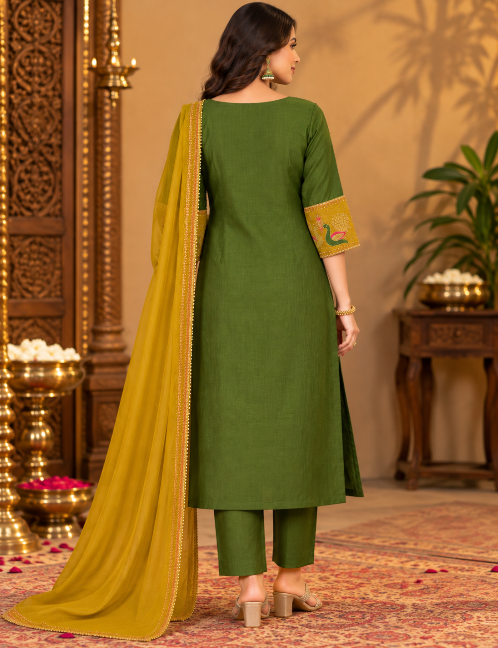Olive Green & Mustard Vatican Silk 3-Piece Kurti Set: Peacock Motif Embroidery & Zari-Bordered Dupatta HC3P13
