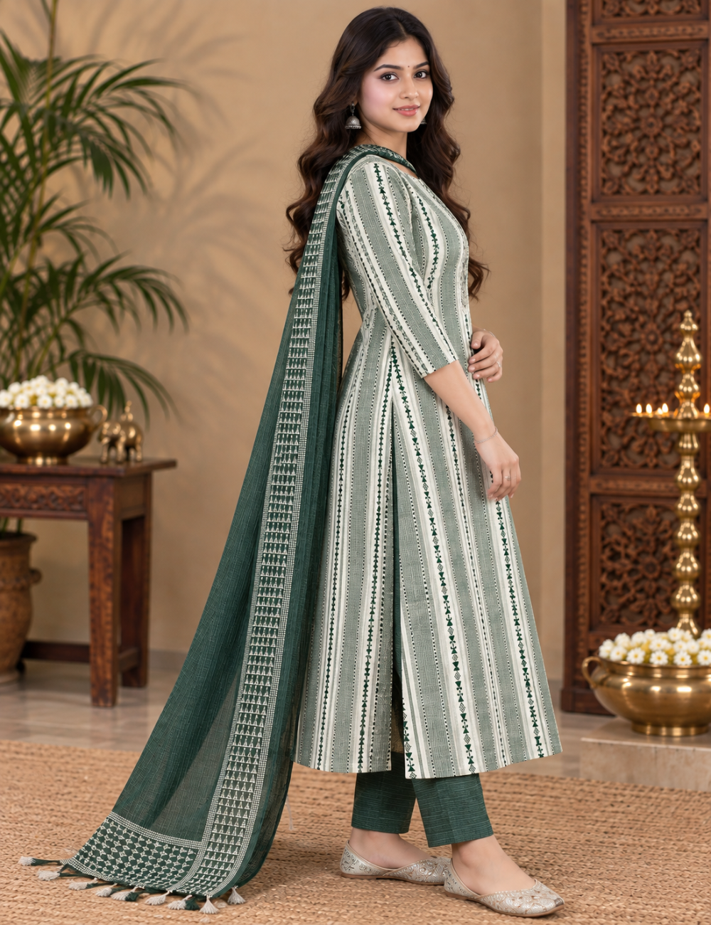 Sage Green & Dark Green Striped Cotton 3-Piece Suit Set with Contrast Dupatta HC3P27