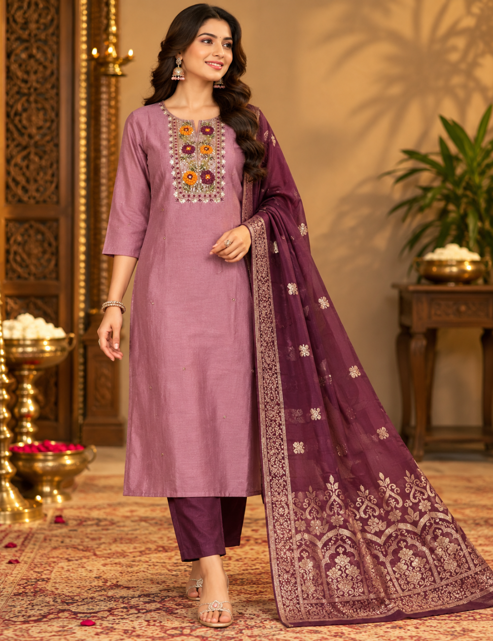 Dusty Rose & Deep Plum Vichitra Silk 3-Piece Kurti Set: Floral Yoke Embroidery & Brocade Zari Dupatta HC3P12
