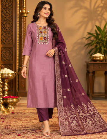 Dusty Rose & Deep Plum Vichitra Silk 3-Piece Kurti Set: Floral Yoke Embroidery & Brocade Zari Dupatta HC3P12