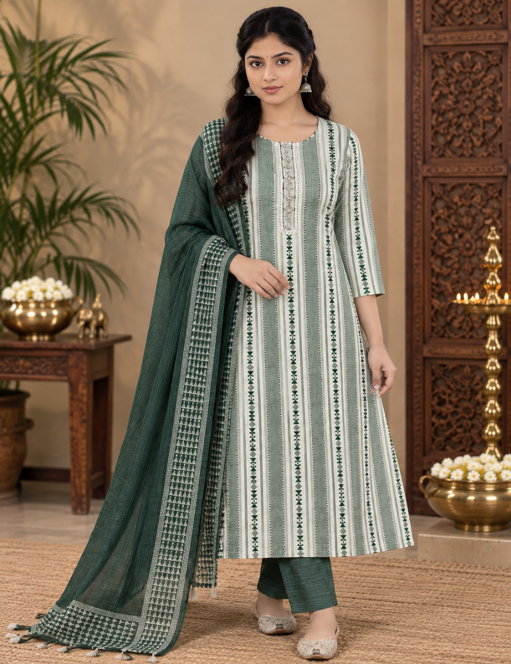 Sage Green & Dark Green Striped Cotton 3-Piece Suit Set with Contrast Dupatta HC3P27