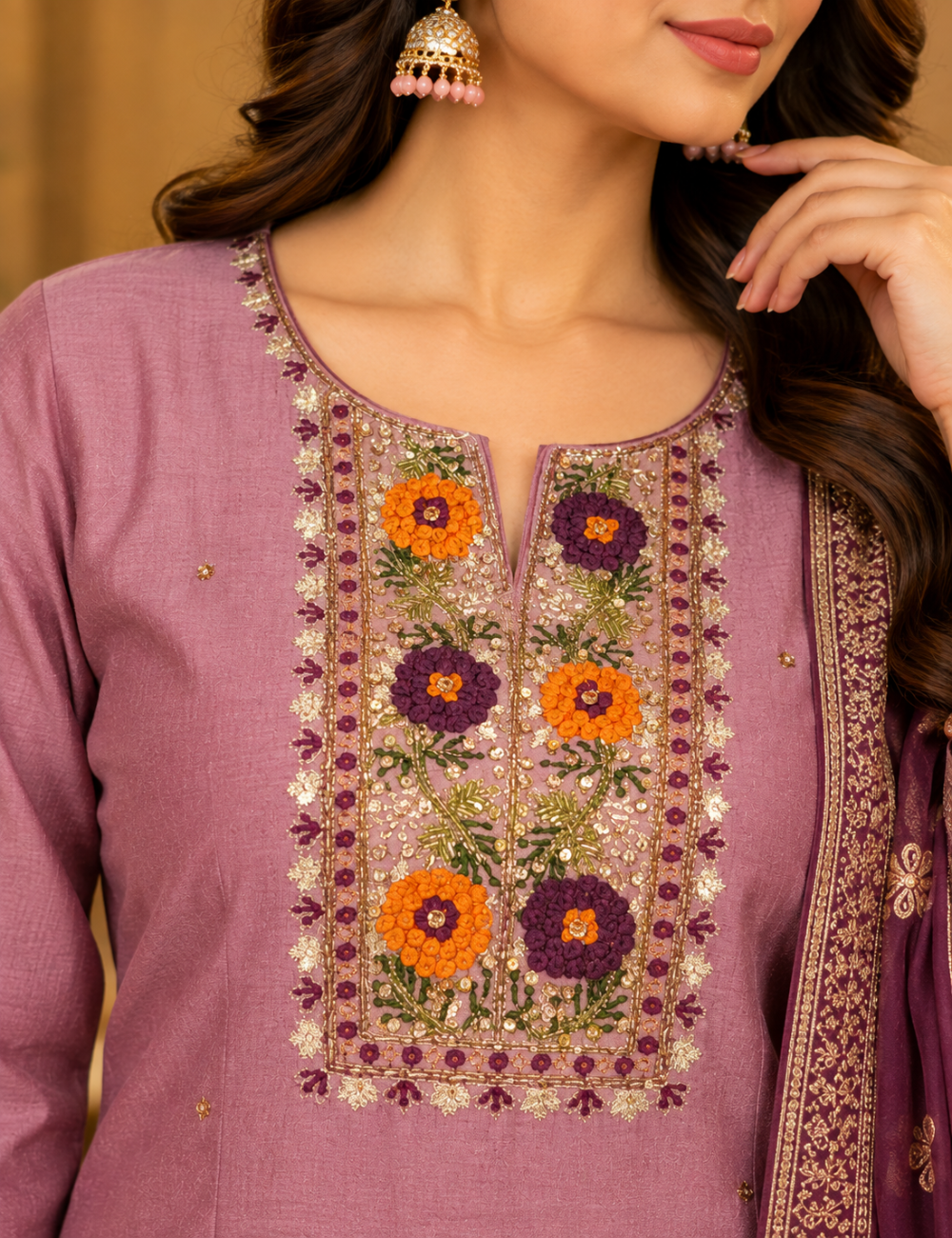 Dusty Rose & Deep Plum Vichitra Silk 3-Piece Kurti Set: Floral Yoke Embroidery & Brocade Zari Dupatta HC3P12