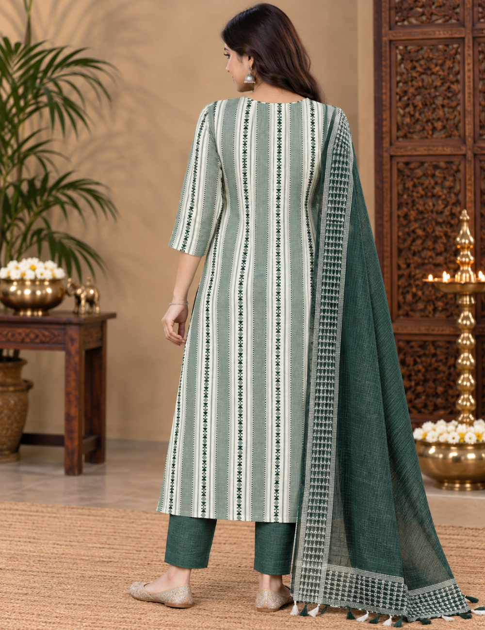 Sage Green & Dark Green Striped Cotton 3-Piece Suit Set with Contrast Dupatta HC3P27