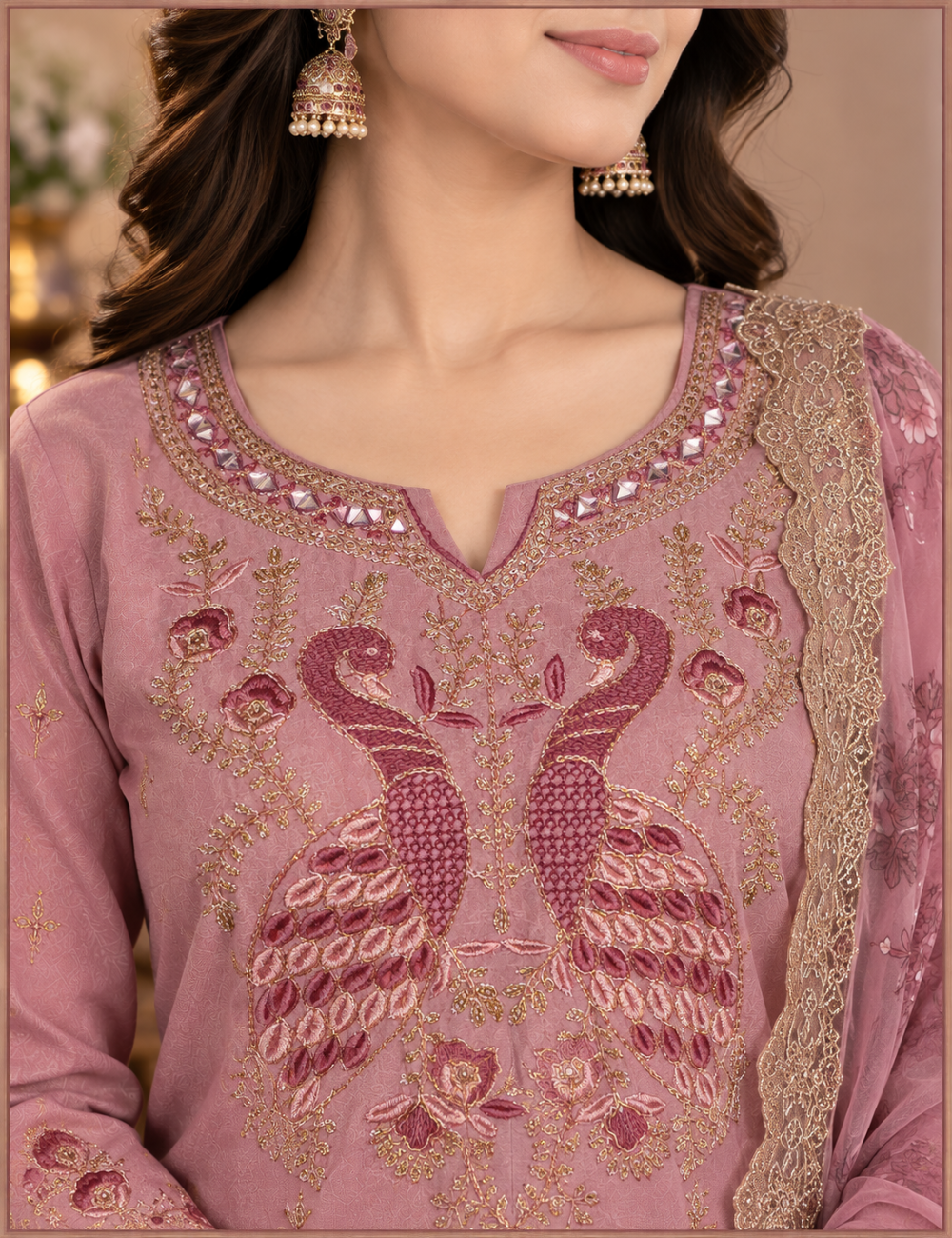 Mauve Pink Peacock Embroidered 3-Piece Suit Set with Heavy Scallop and Dupatta HC3P17