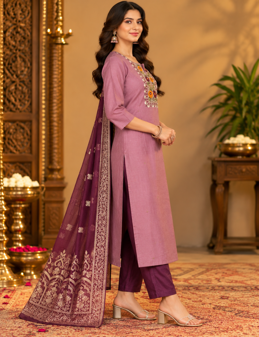 Dusty Rose & Deep Plum Vichitra Silk 3-Piece Kurti Set: Floral Yoke Embroidery & Brocade Zari Dupatta HC3P12