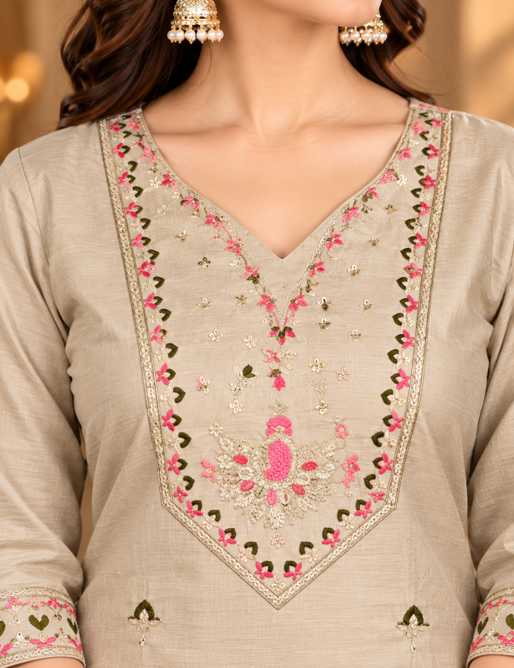 Creamy White Vichitra Side Cut Kurti with V-Yoke Floral Embroidery with Lining HCK13