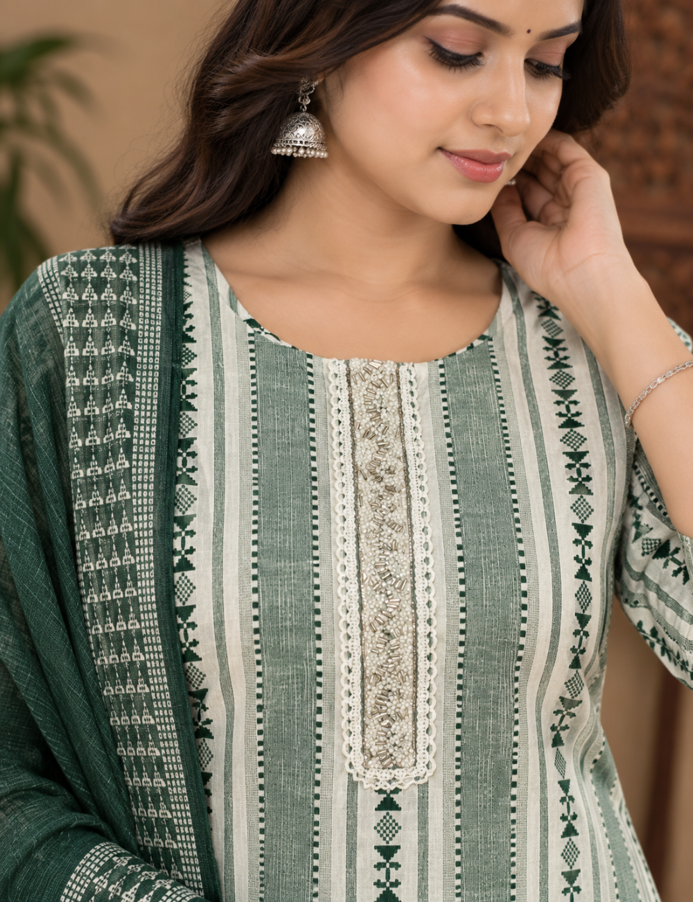 Sage Green & Dark Green Striped Cotton 3-Piece Suit Set with Contrast Dupatta HC3P27