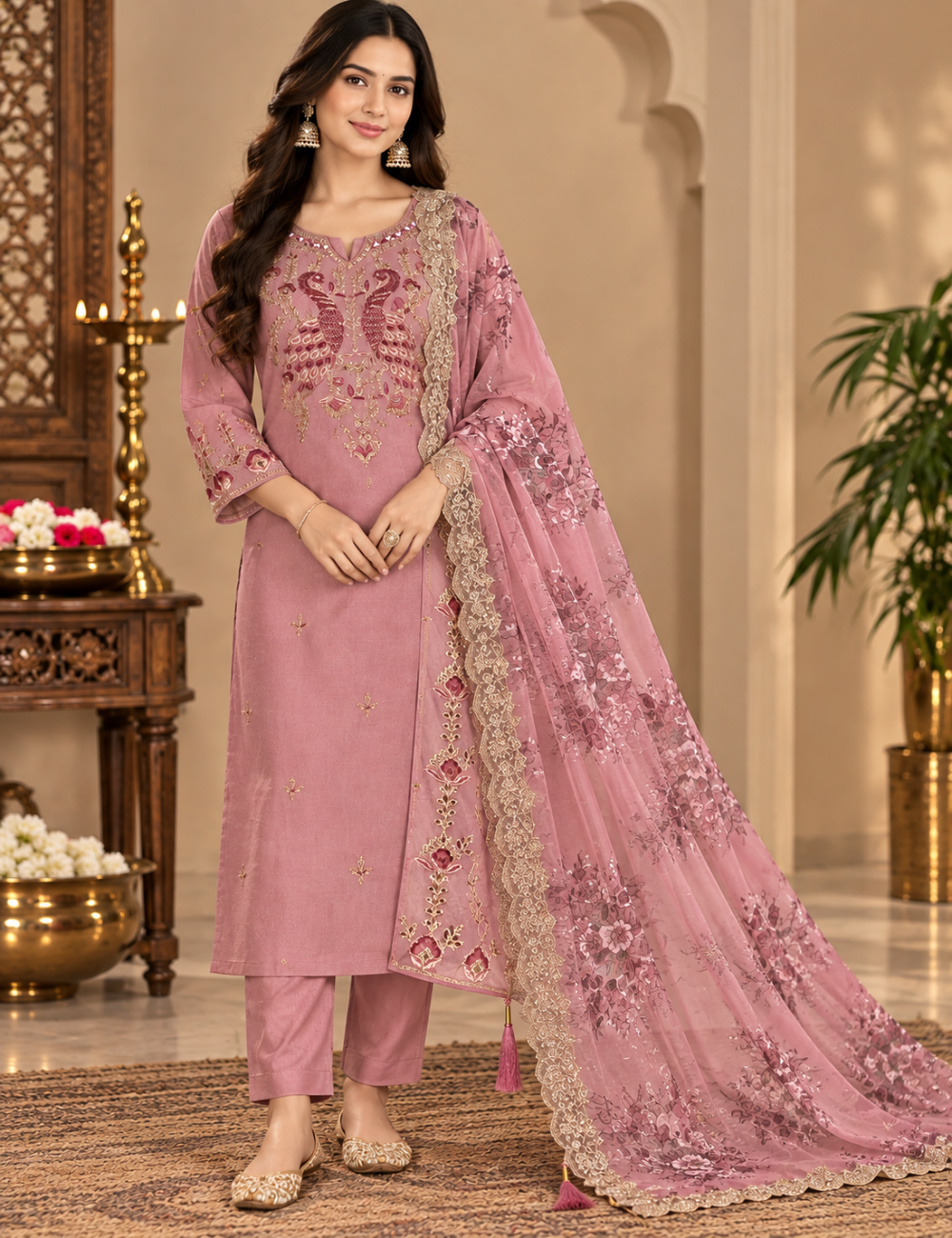 Mauve Pink Peacock Embroidered 3-Piece Suit Set with Heavy Scallop and Dupatta HC3P17