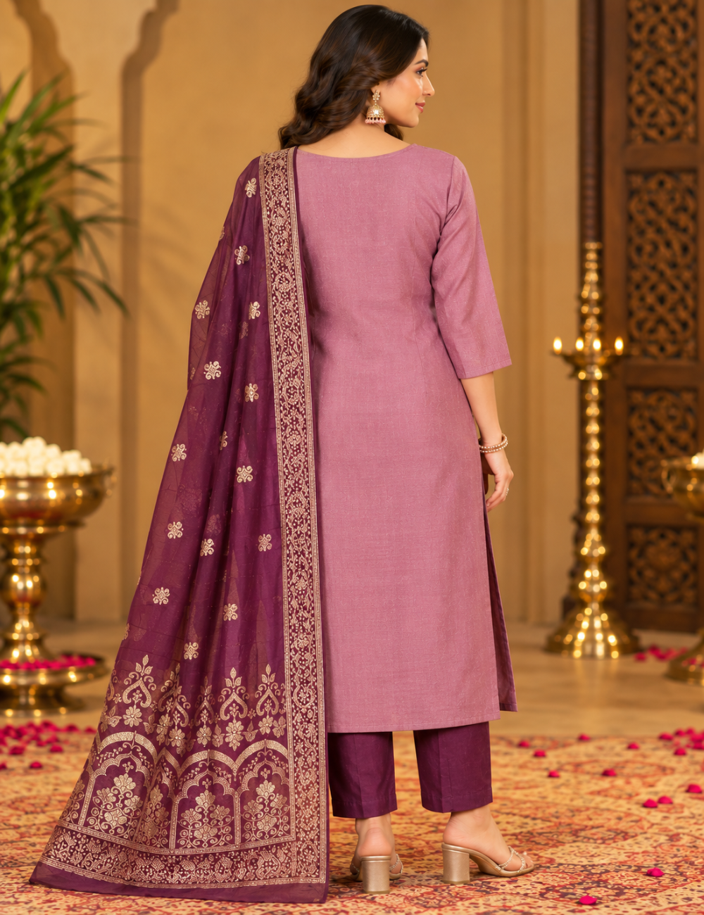 Dusty Rose & Deep Plum Vichitra Silk 3-Piece Kurti Set: Floral Yoke Embroidery & Brocade Zari Dupatta HC3P12