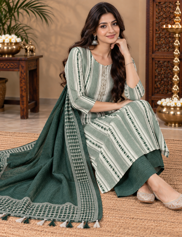 Sage Green & Dark Green Striped Cotton 3-Piece Suit Set with Contrast Dupatta HC3P27