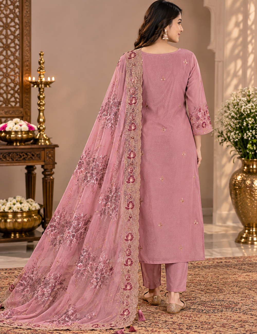 Mauve Pink Peacock Embroidered 3-Piece Suit Set with Heavy Scallop and Dupatta HC3P17