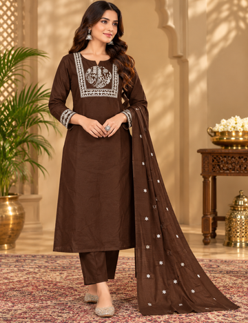 Dark Cocoa Cotton 3-Piece Set: White Thread Yoke & Cuff Embroidery & Embellished Dupatta HC3P25