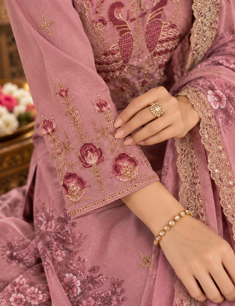 Mauve Pink Peacock Embroidered 3-Piece Suit Set with Heavy Scallop and Dupatta HC3P17