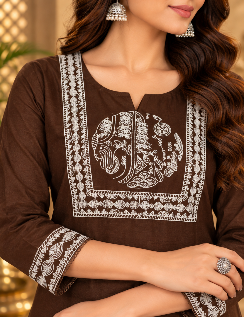Dark Cocoa Cotton 3-Piece Set: White Thread Yoke & Cuff Embroidery & Embellished Dupatta HC3P25